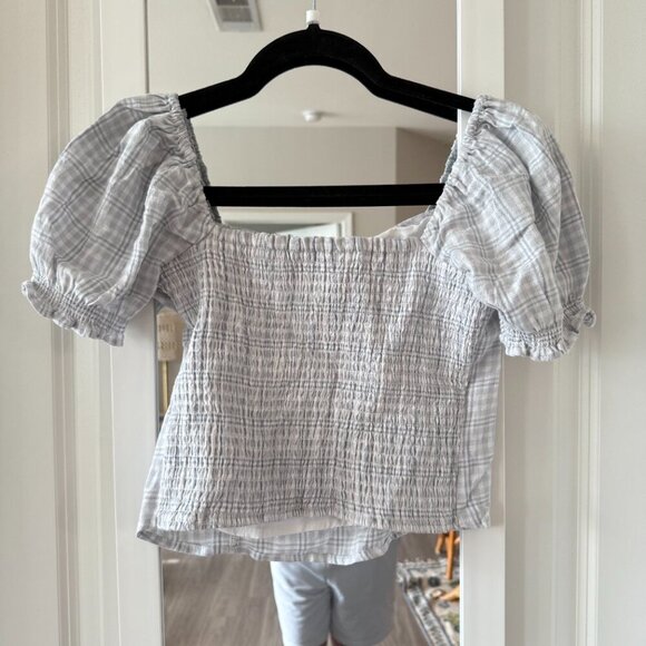 Abercrombie and Fitch Plaid Square Neck Puff Sleeve Crop Top White Grey Small - Picture 4 of 4